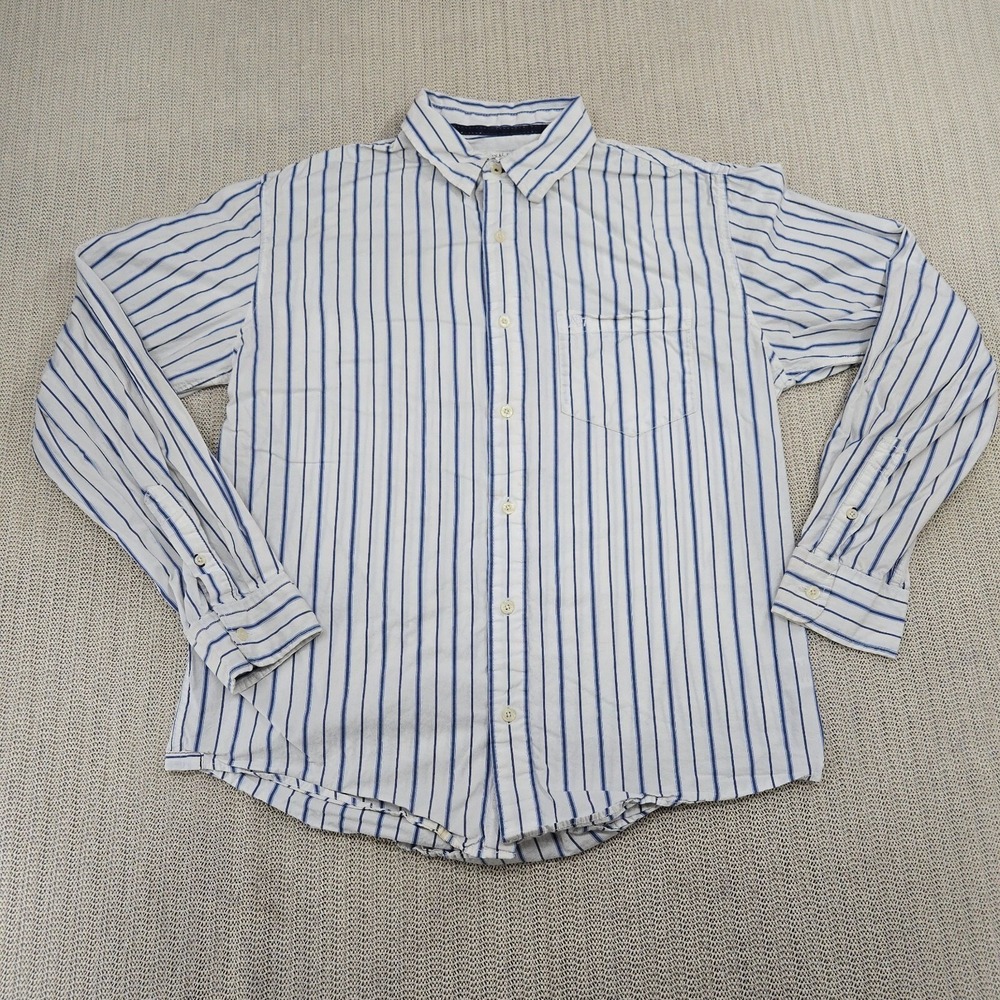 Aeropostale Shirt Mens Medium White Blue Stripe Button Up Down Long Sleeve